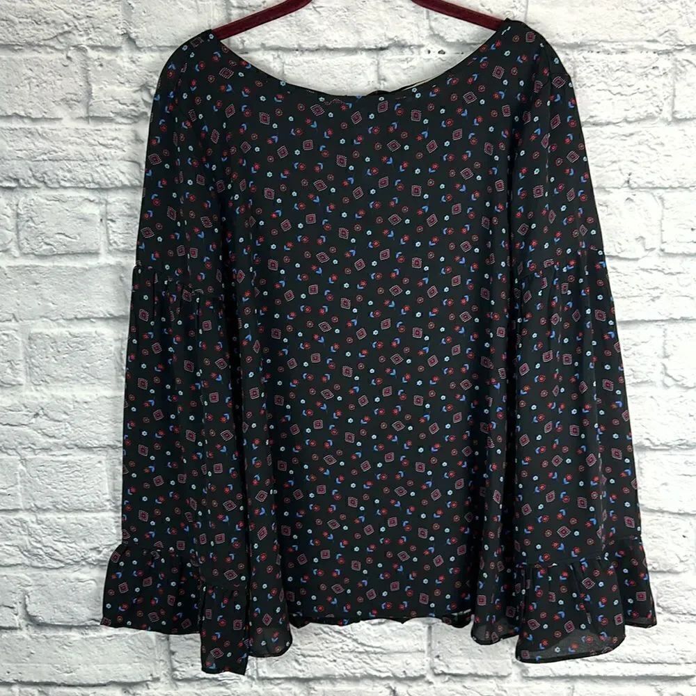 Ann Taylor Loft Black Blue Red Floral Blouse Wide Sleeve Size Medium